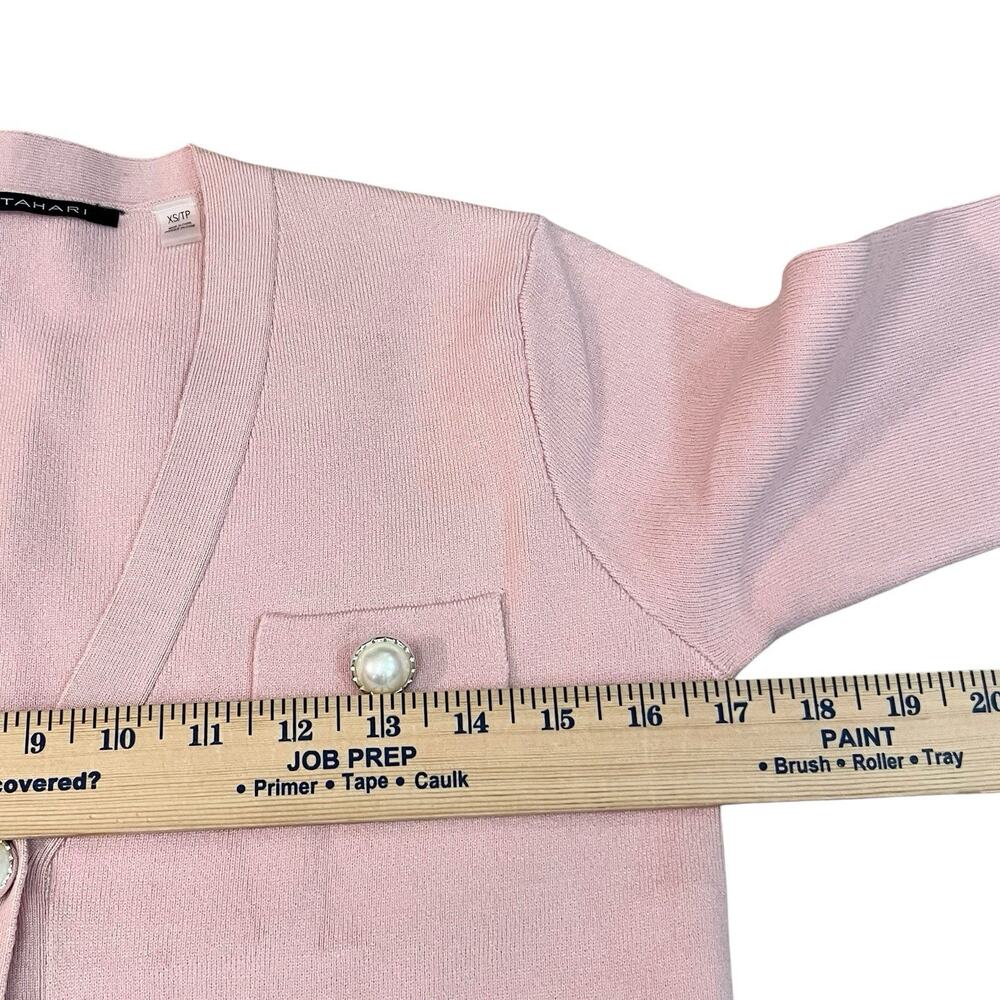 Tahari Pearl Button Cardigan Sweater XS Cropped Pink V Neck Knit Preppy Classic - Picture 6 of 9